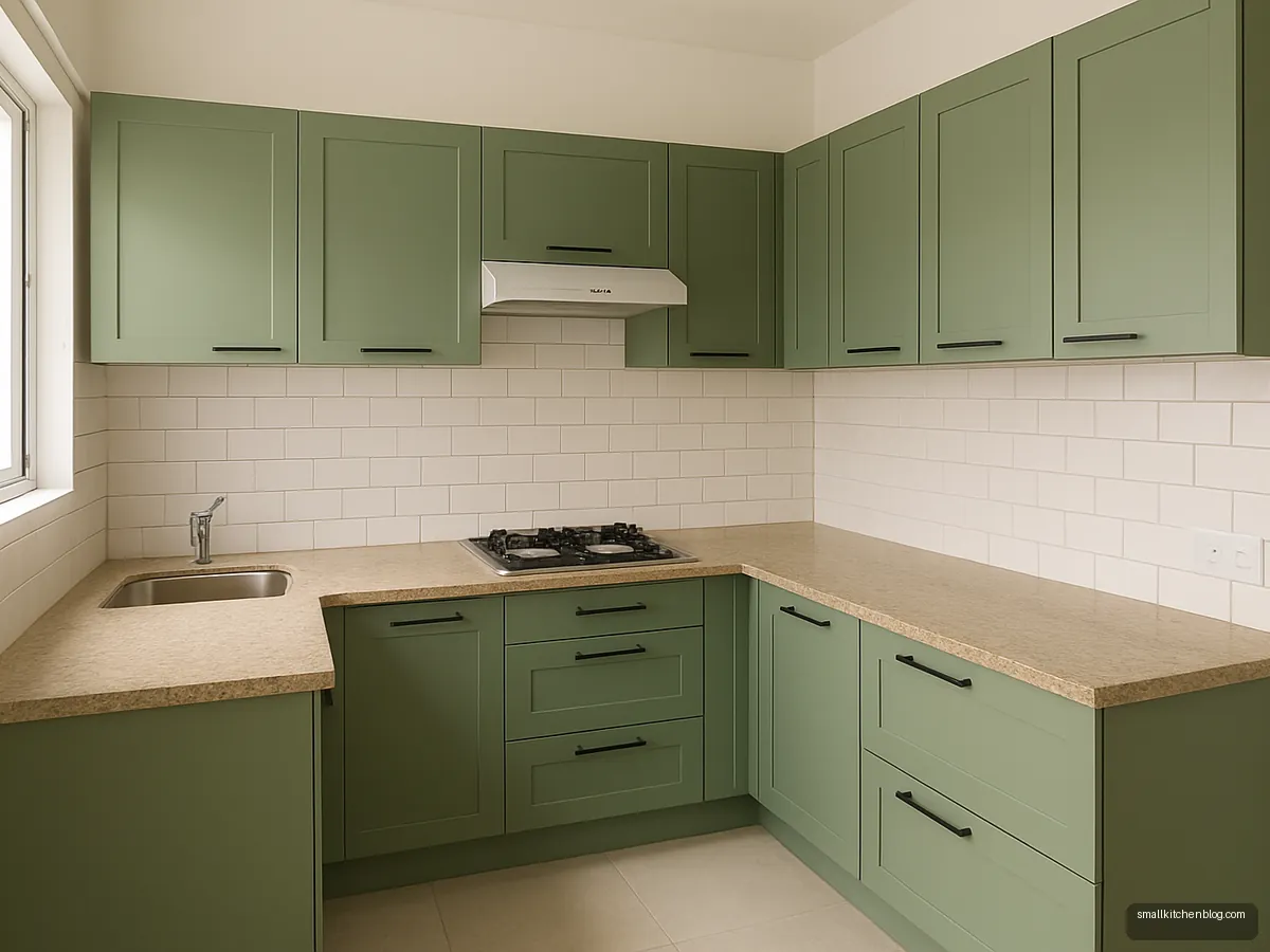 Sage green powder-coated aluminium kitchen cabinets