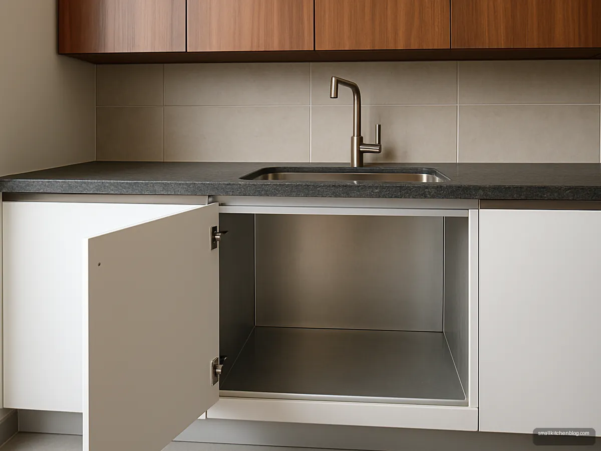 Aluminium sink cabinet with wooden laminate upper units