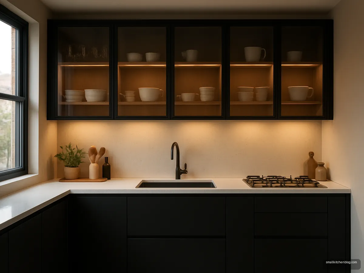 Black aluminium frame kitchen with smoked glass