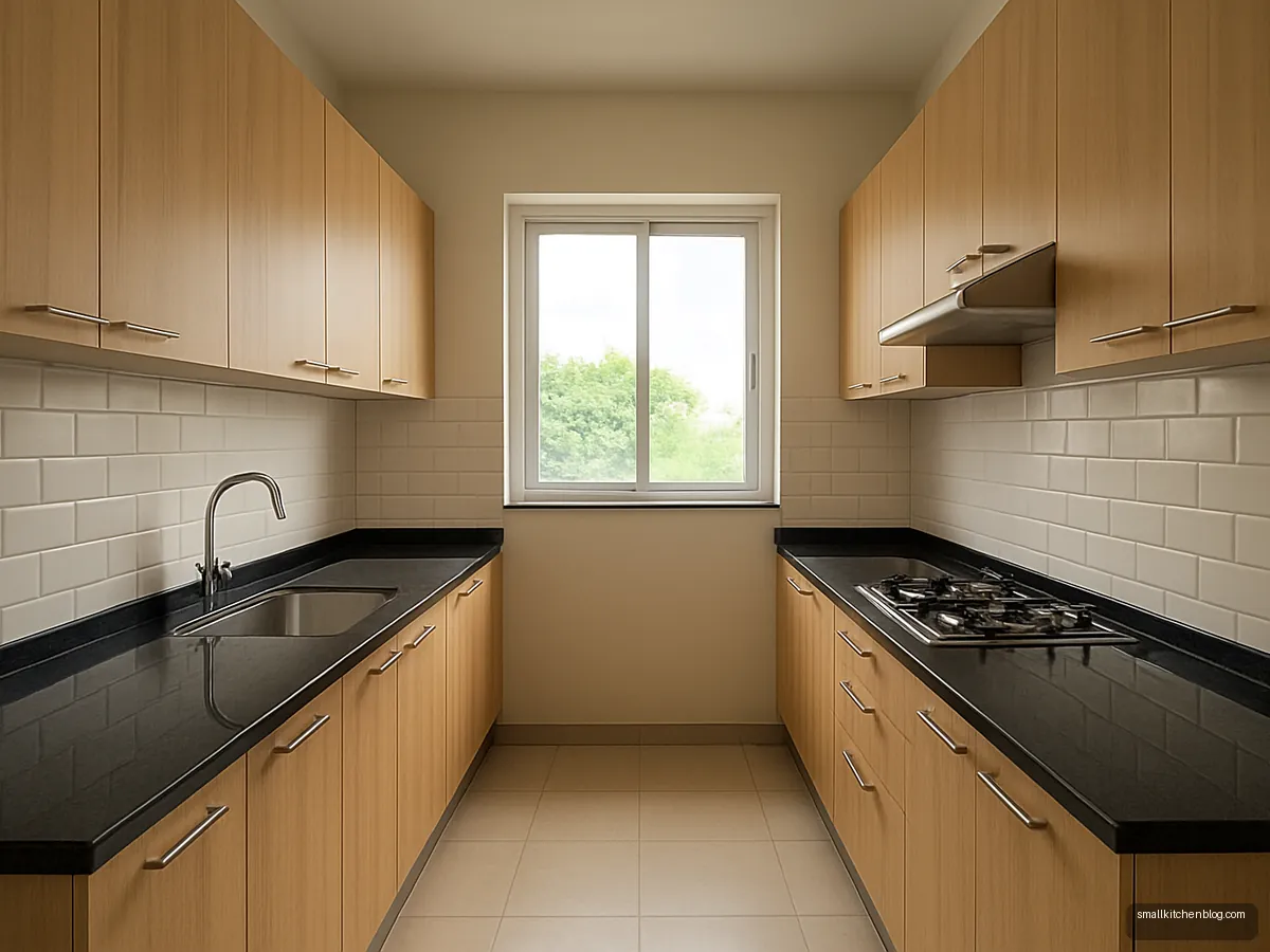 Wood-grain finish aluminium cabinets in a parallel kitchen