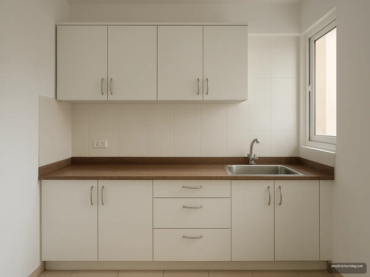 White aluminium kitchen in a small rented flat