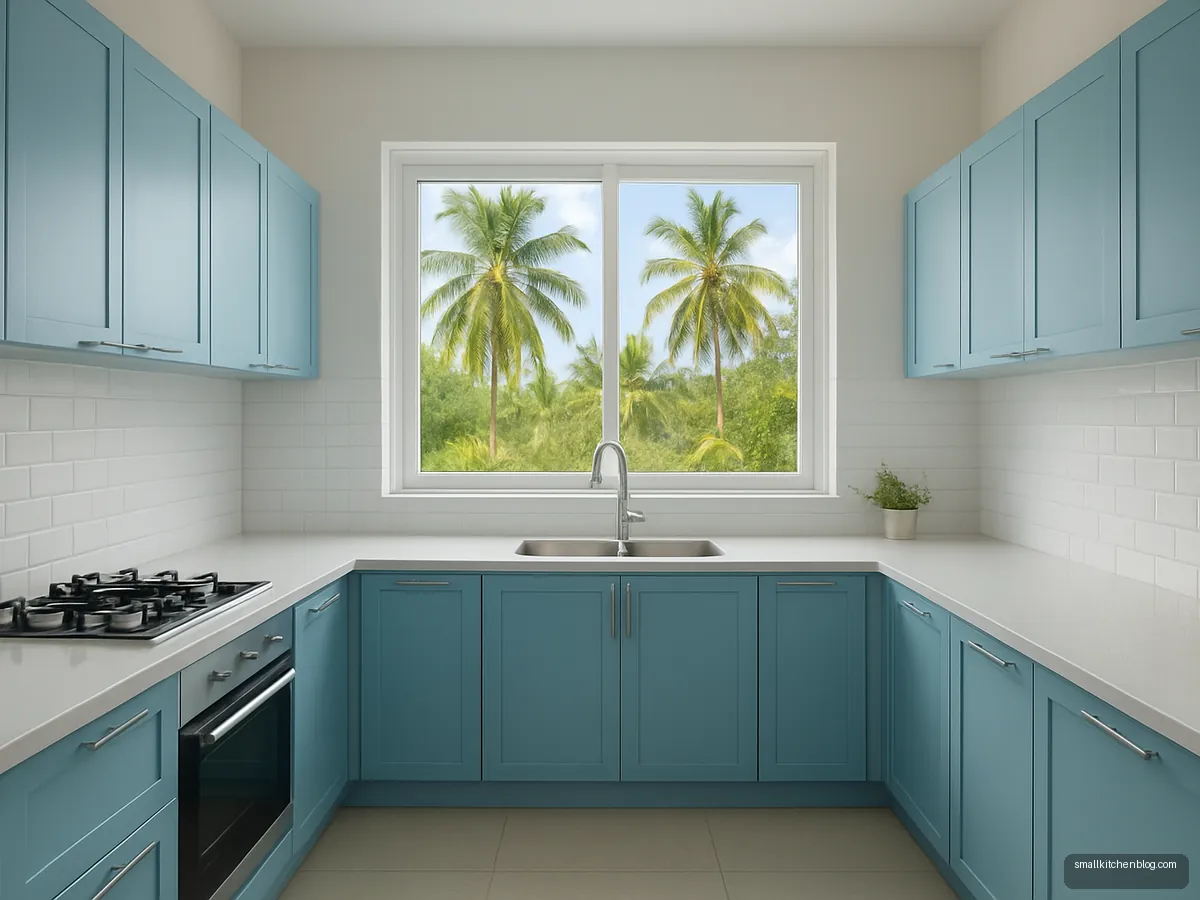 Ocean blue aluminium kitchen in a coastal home