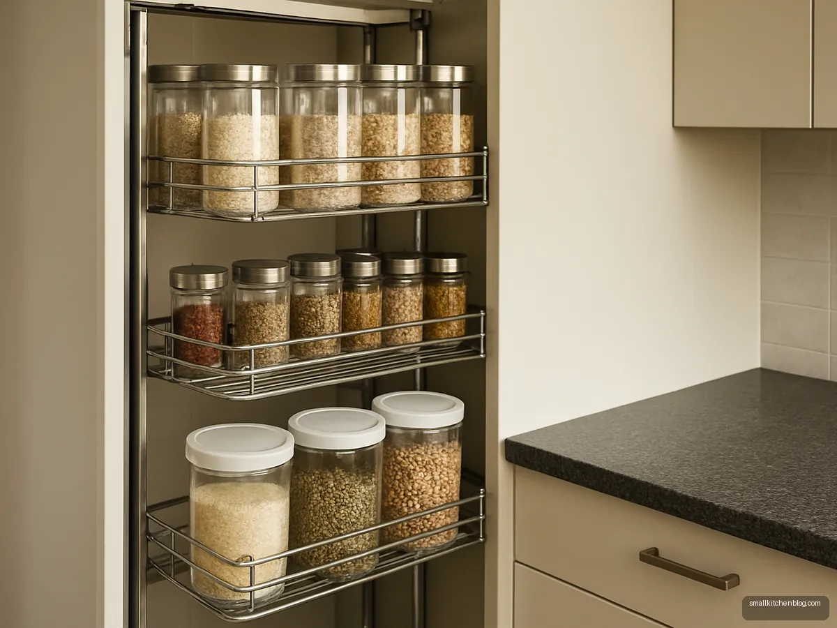 Stainless steel tall pantry with pull-out wire baskets