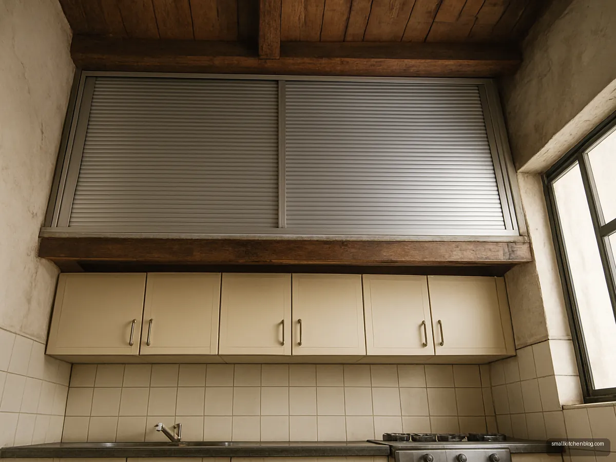 Aluminium sliding loft shutters in an older kitchen