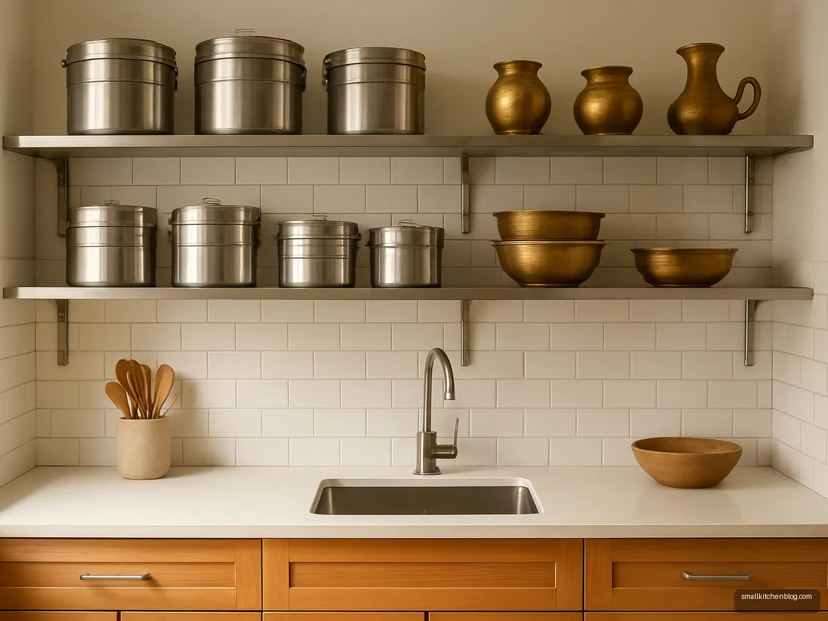 Stainless steel open shelves over wooden base cabinets