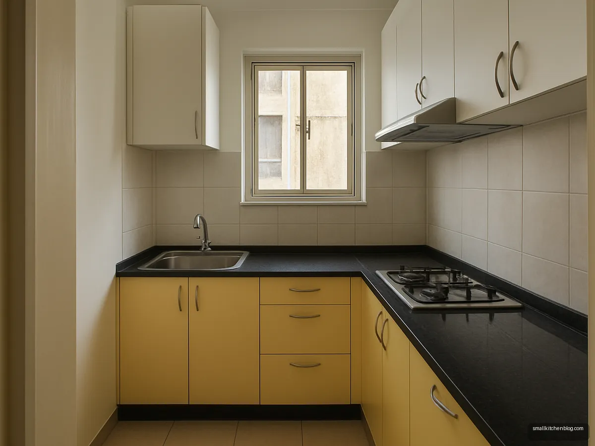 Straight kitchen with butter yellow base cabinets and black granite counter