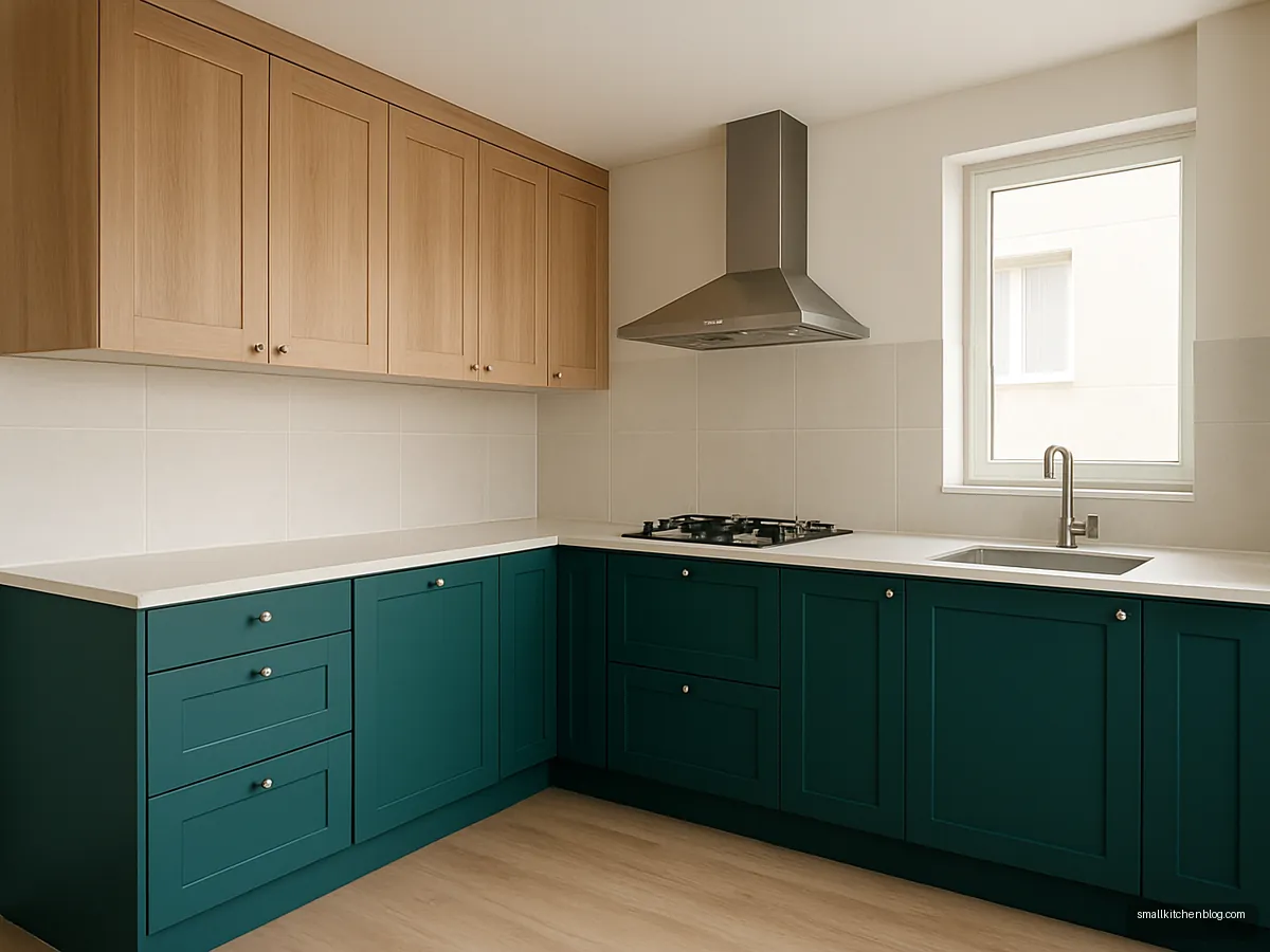 L-shaped kitchen with teal base cabinets and oak wall units