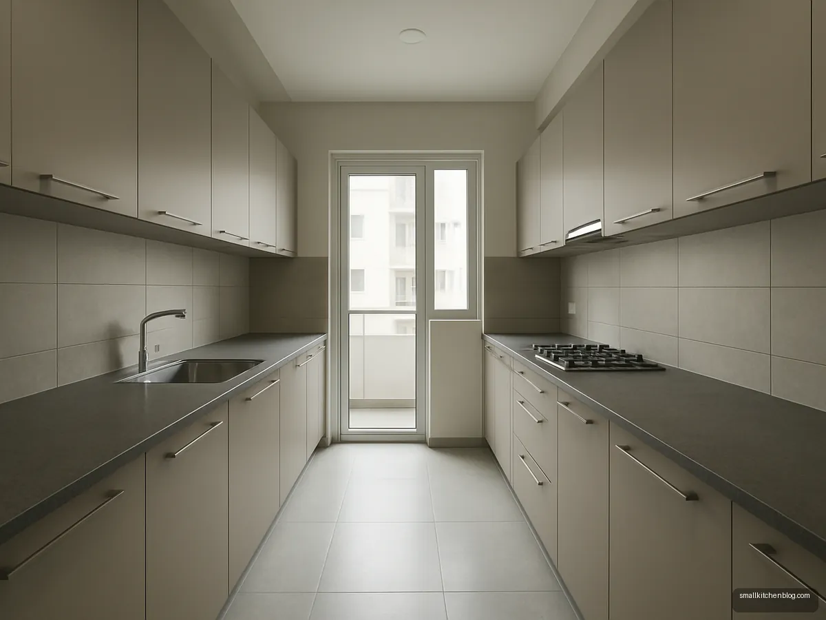 Parallel galley kitchen with greige cabinets and window at the end