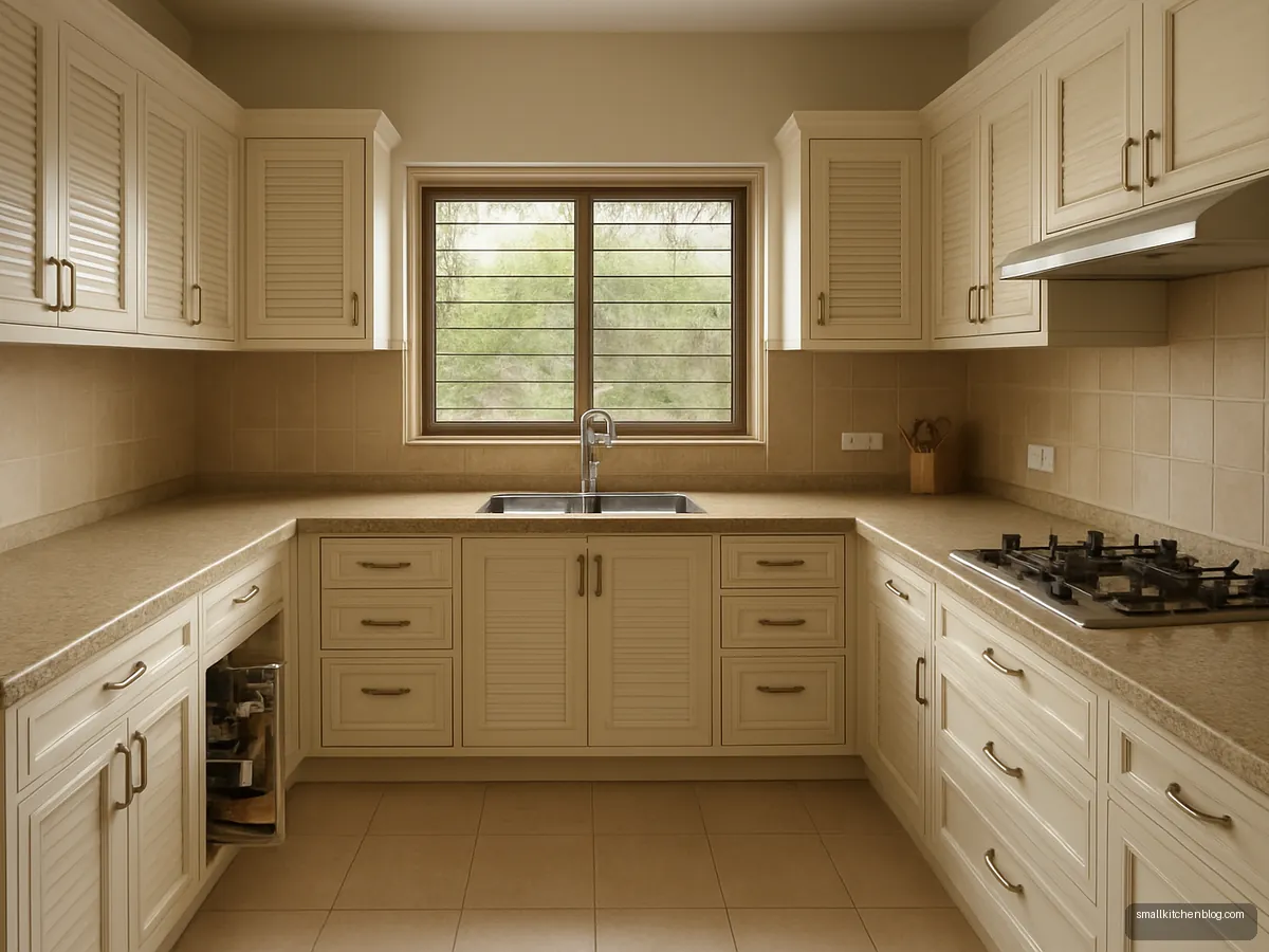 U-shaped ivory kitchen with sink under a grilled window