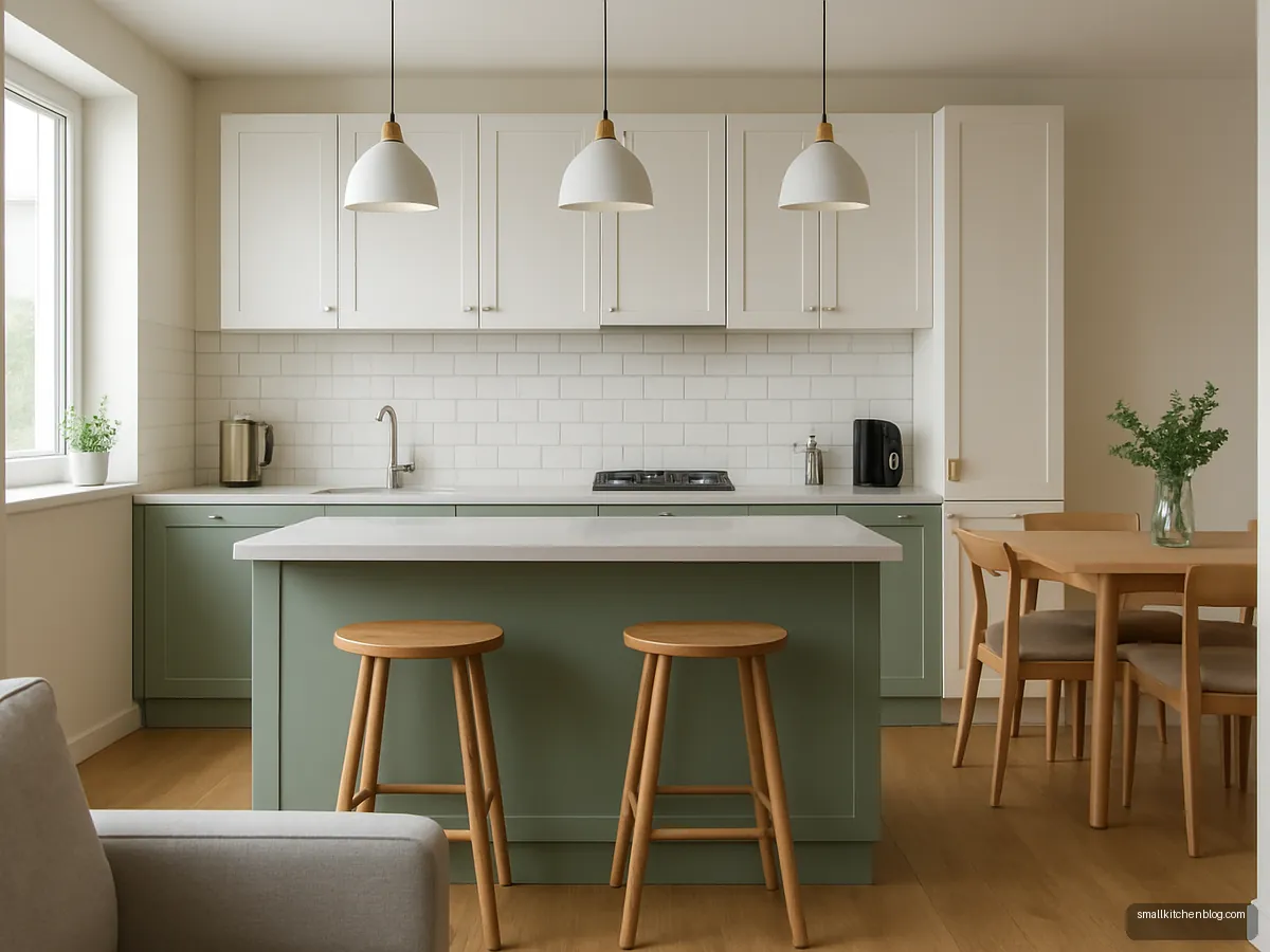 Sage green kitchen with peninsula breakfast counter and stools