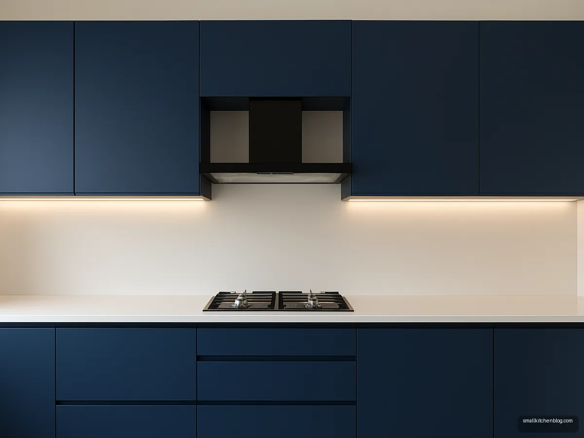 Navy blue handleless kitchen with white counter and LED strip