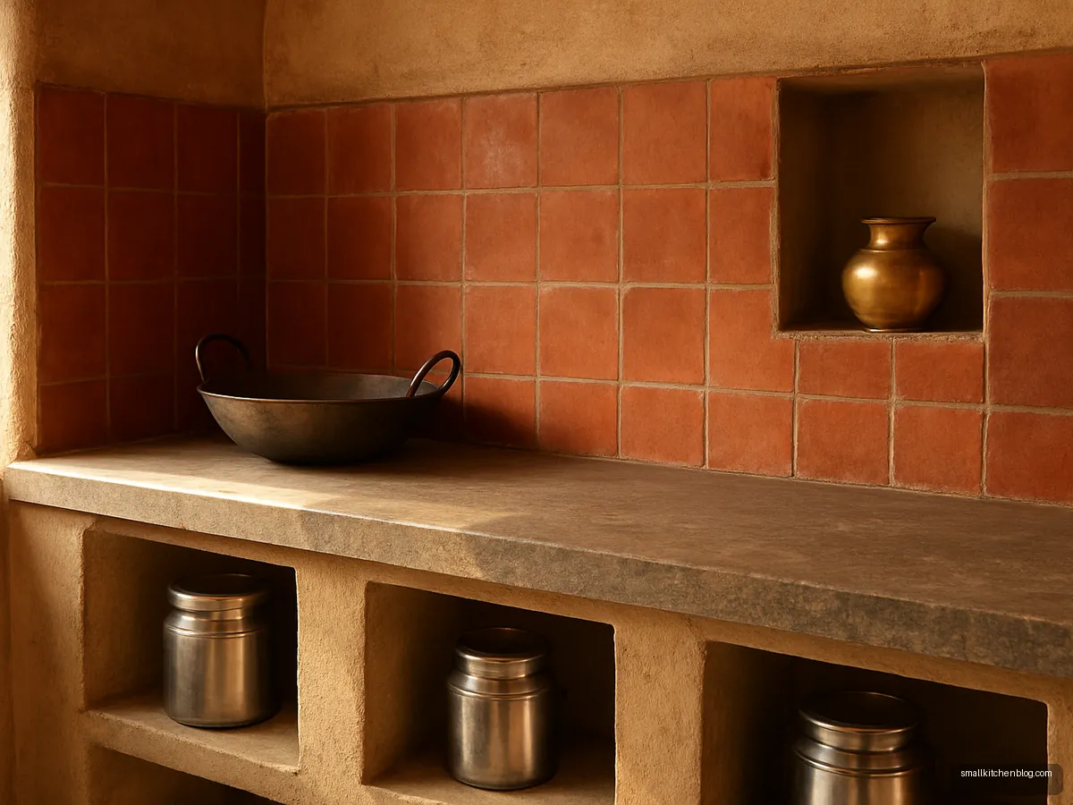 Tiled kitchen platform with terracotta backsplash and kota stone