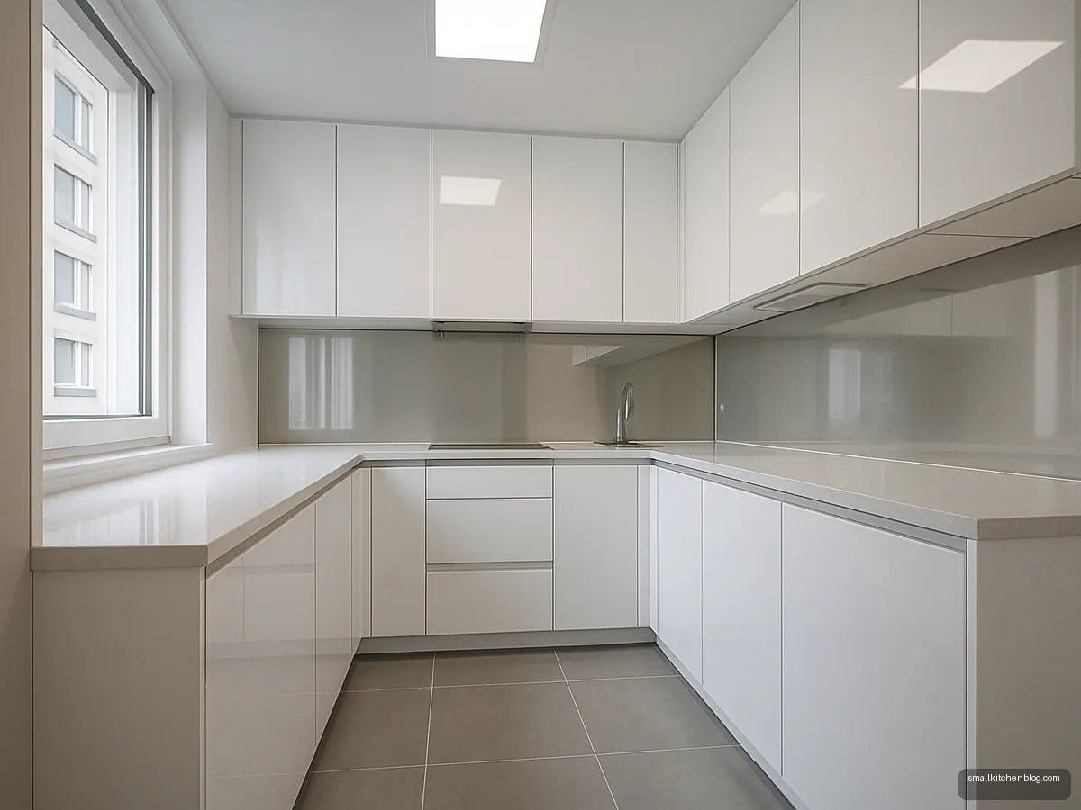 Small white gloss modular kitchen with quartz counter