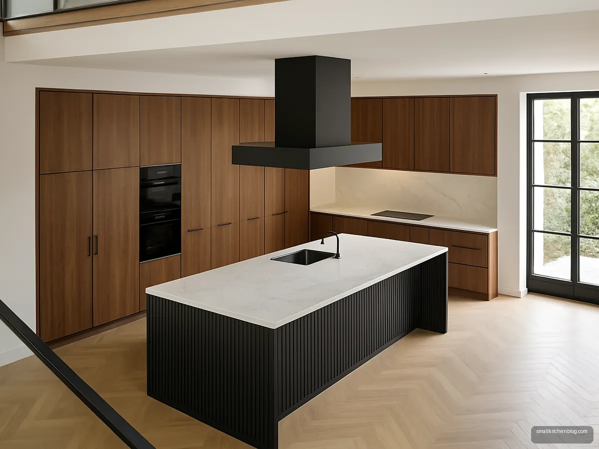 Luxury villa kitchen with charcoal island and walnut tall units