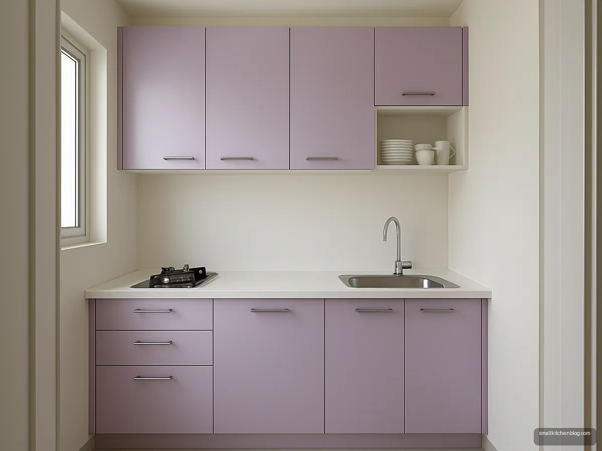 Small kitchen with lilac pastel cabinets and white counter