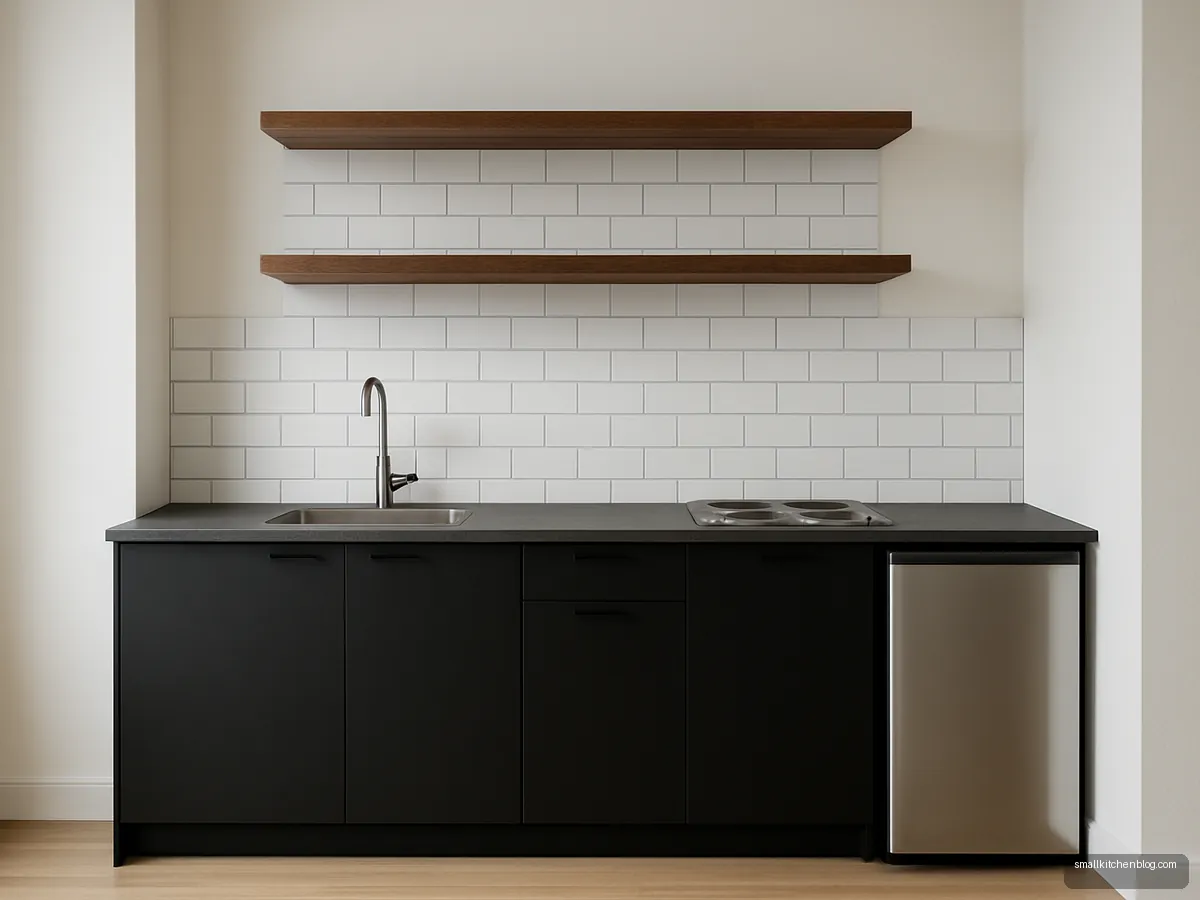 Studio kitchenette with matte black cabinets and walnut shelves