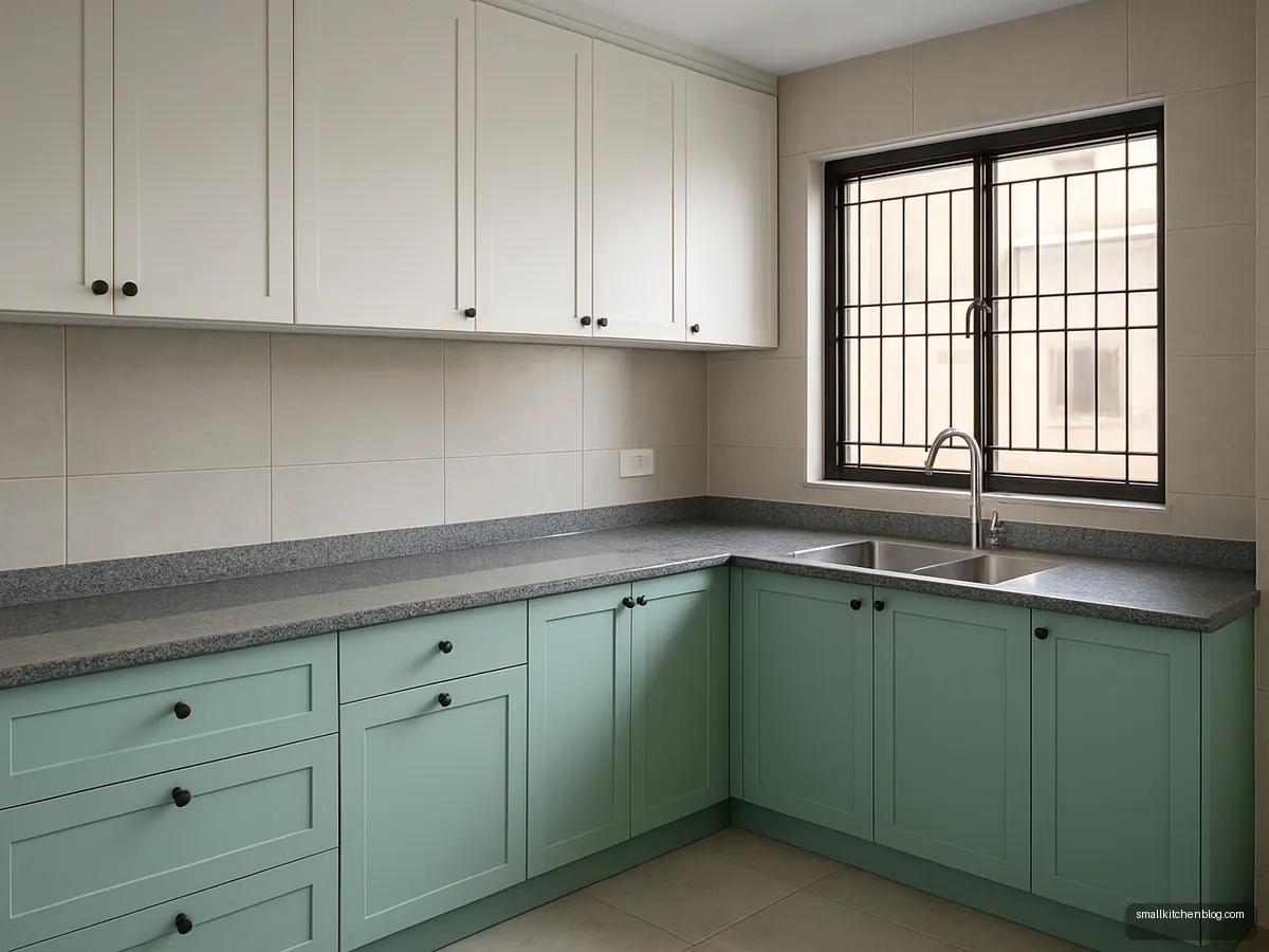 Mint green and white two-tone kitchen with grey granite