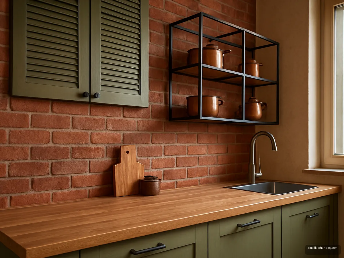 Rustic kitchen with brick backsplash and olive green cabinets