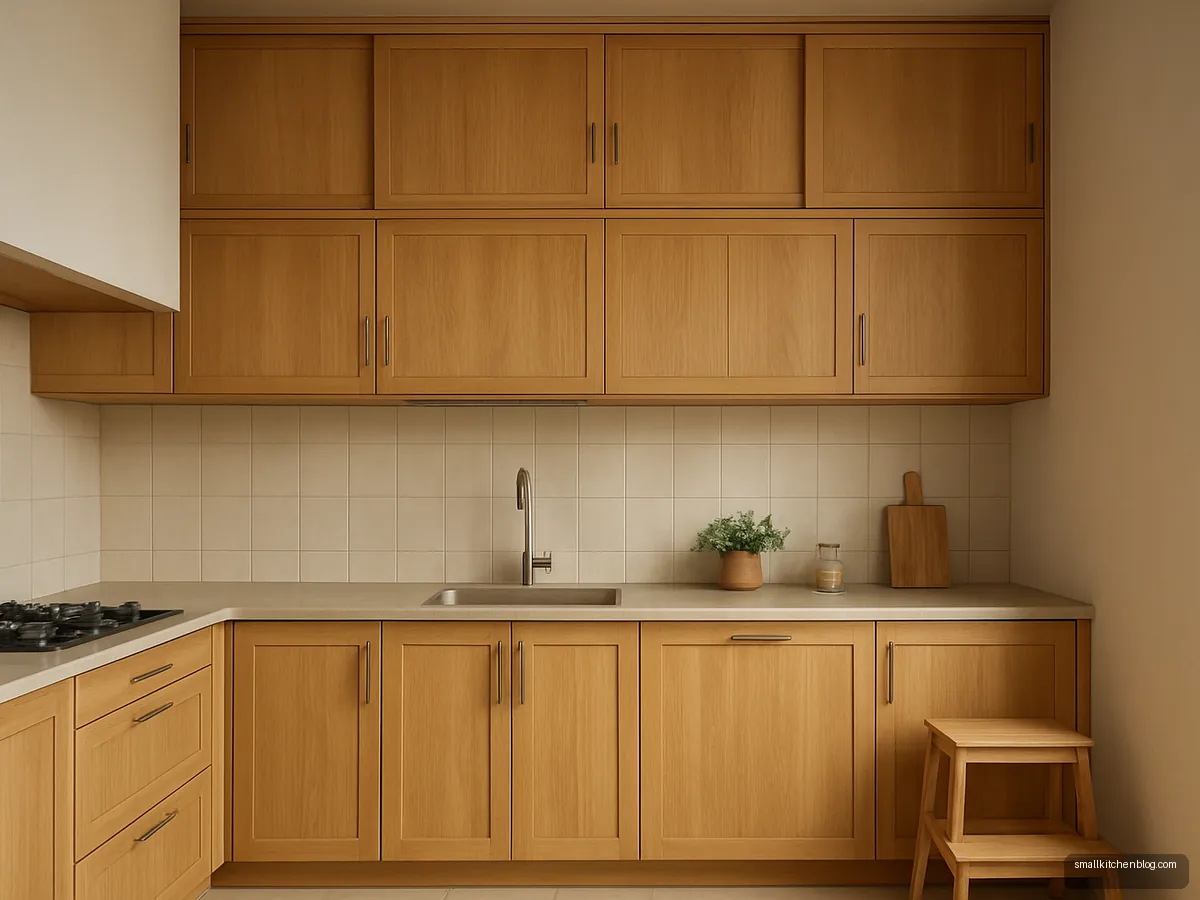 Kitchen with full-height teak finish cabinets and loft