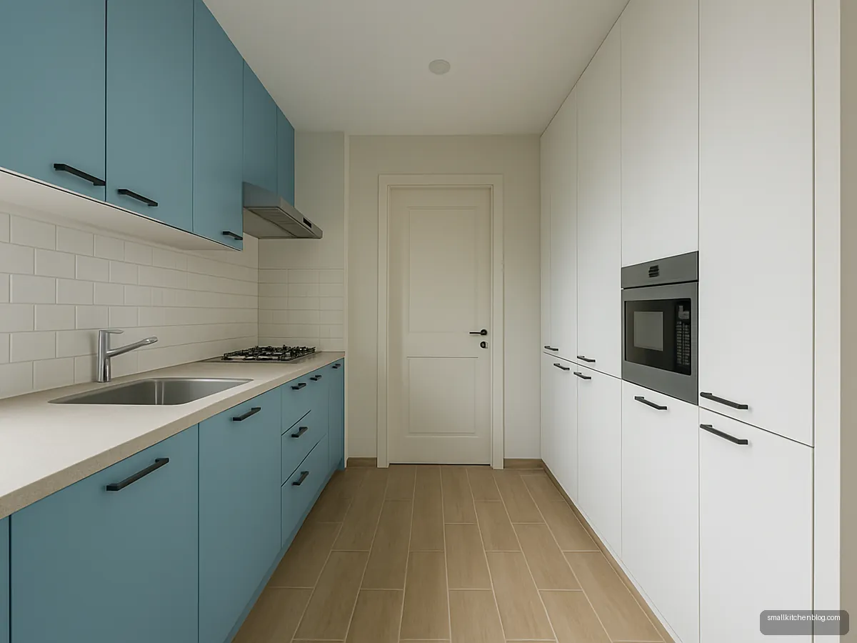 Parallel kitchen with sky blue cooking side and white tall units