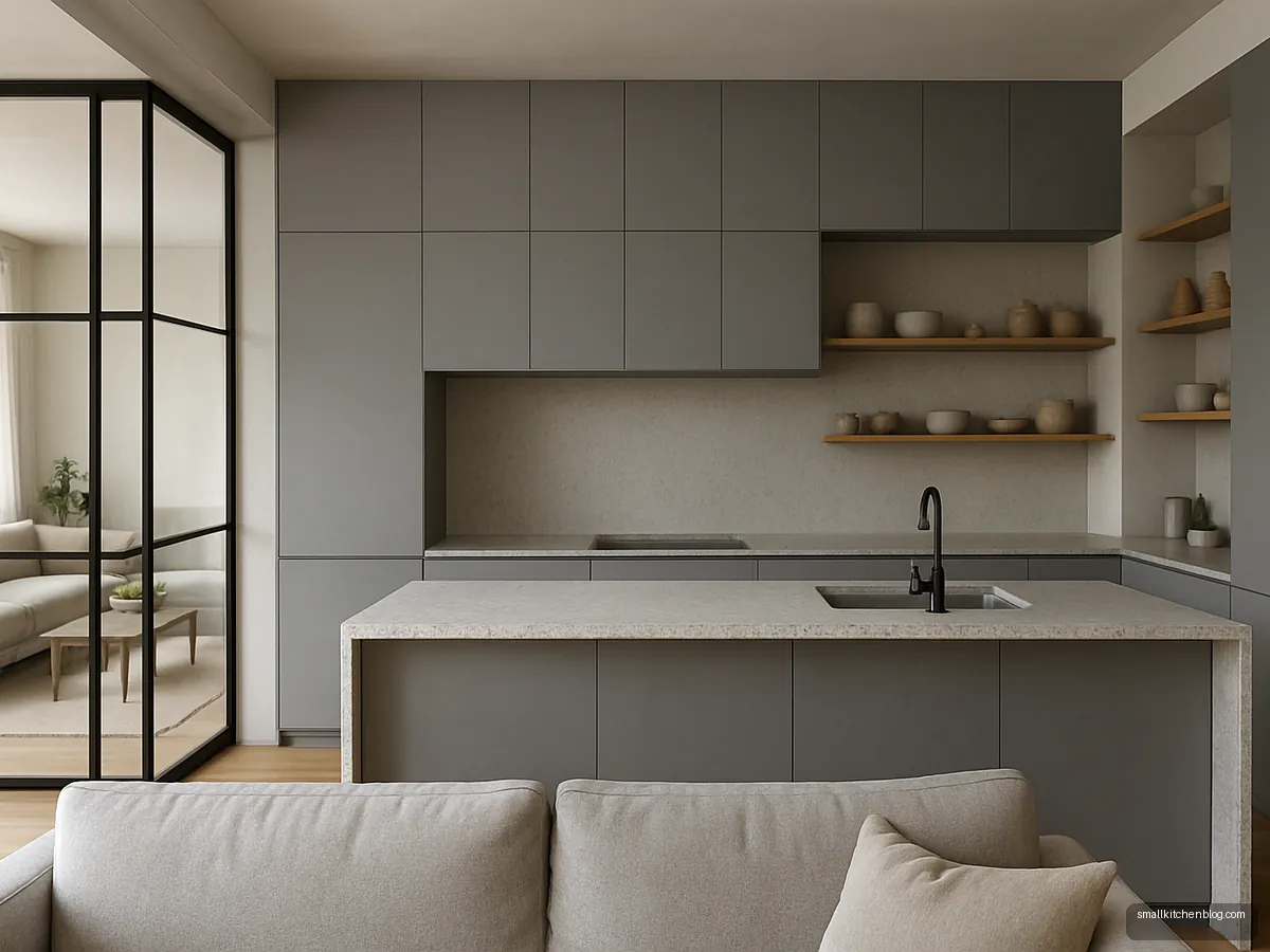 Open kitchen with concrete grey cabinets facing living room