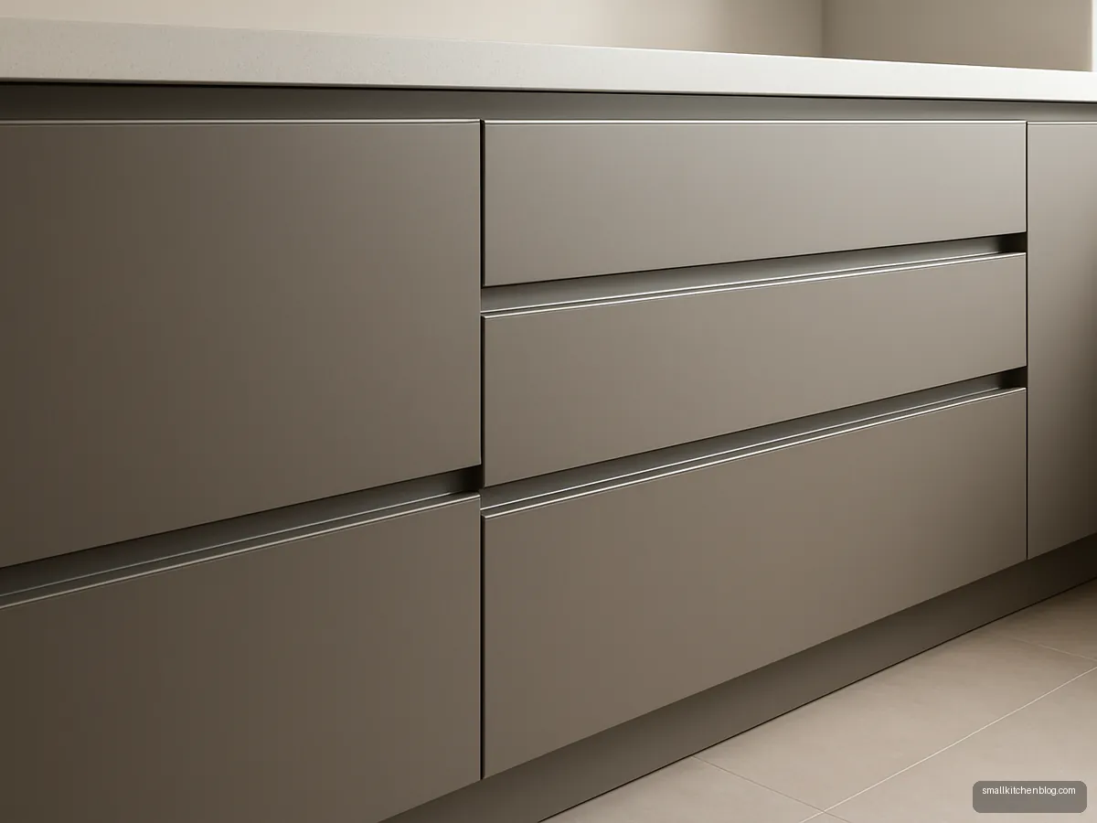 Warm grey handleless base drawers with gola channel