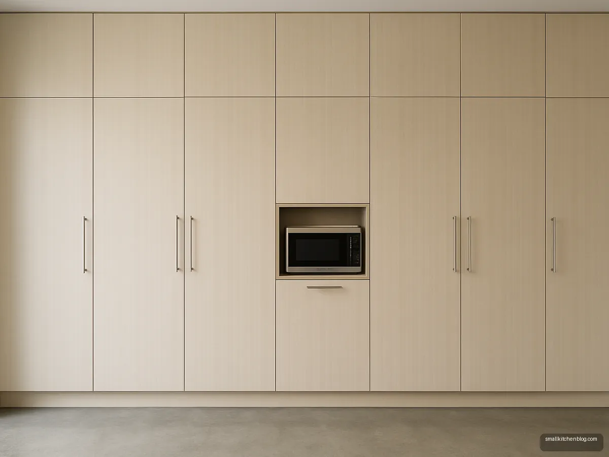 Floor to ceiling sand coloured pantry cabinets with microwave niche