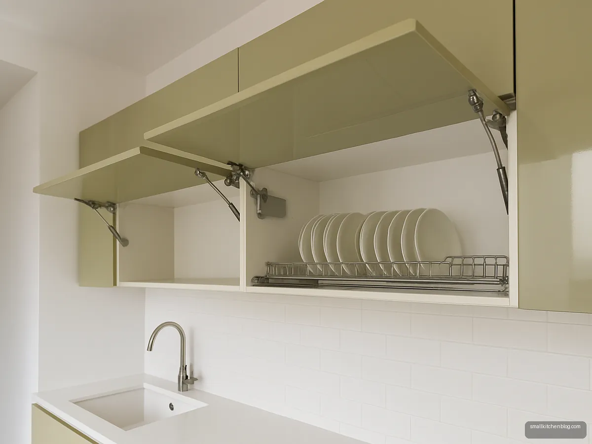 Olive gloss wall cabinets with lift-up doors open