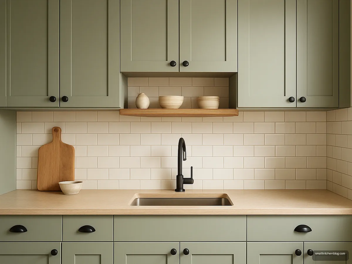 Sage grey shaker kitchen cabinets with black cup pulls