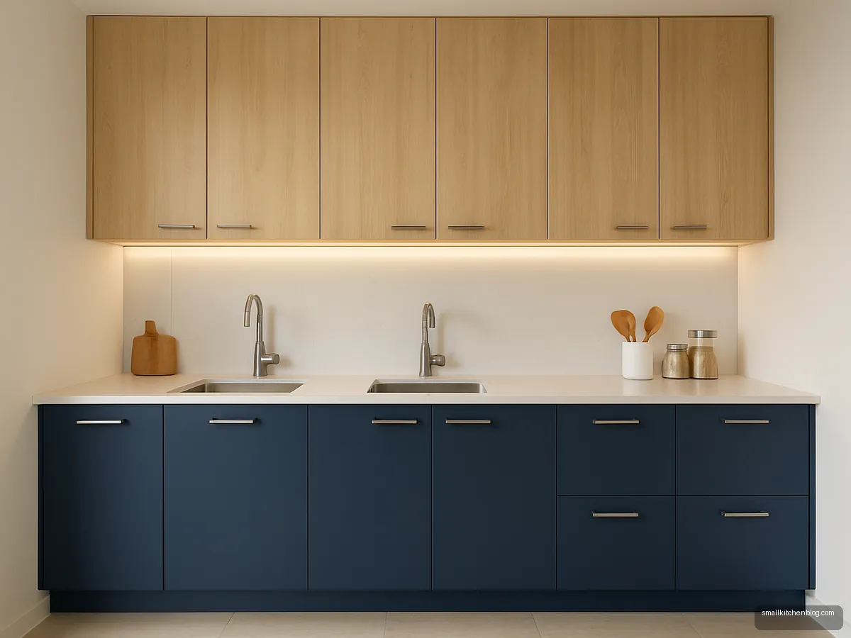 Navy base cabinets with birch veneer wall units