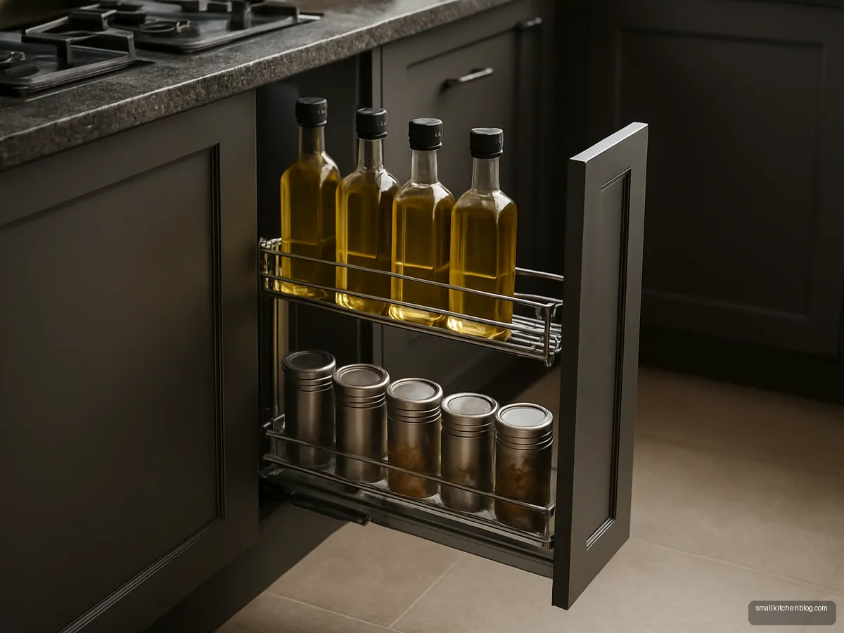 Narrow oil and spice pull-out next to the hob