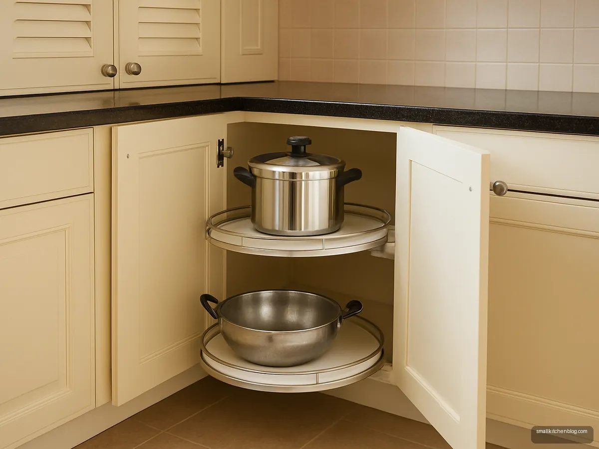 Blind corner cabinet with curved swing-out shelves