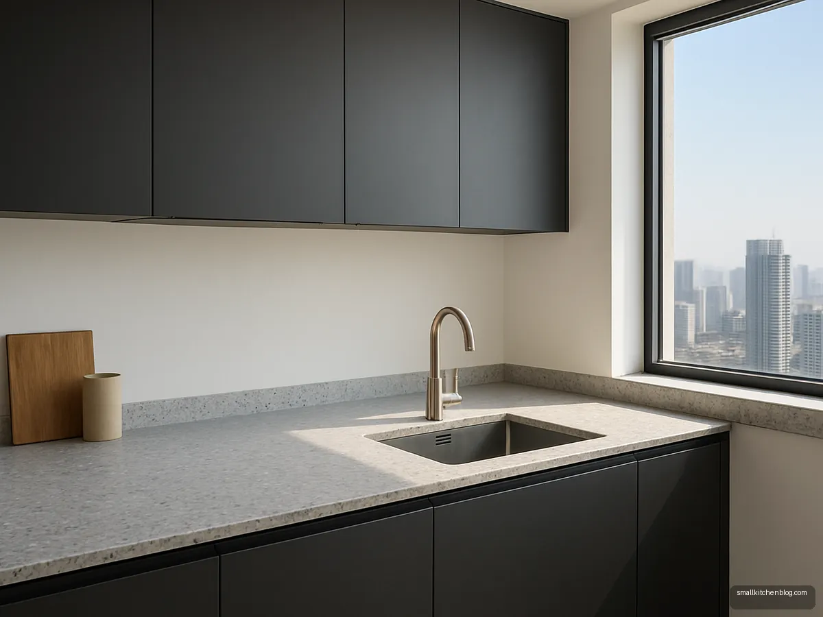 Matte black slab kitchen cabinets with terrazzo counter