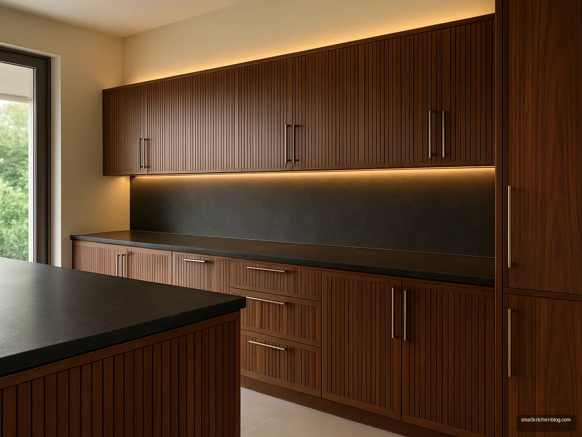 Walnut veneer cabinets with vertical grooves