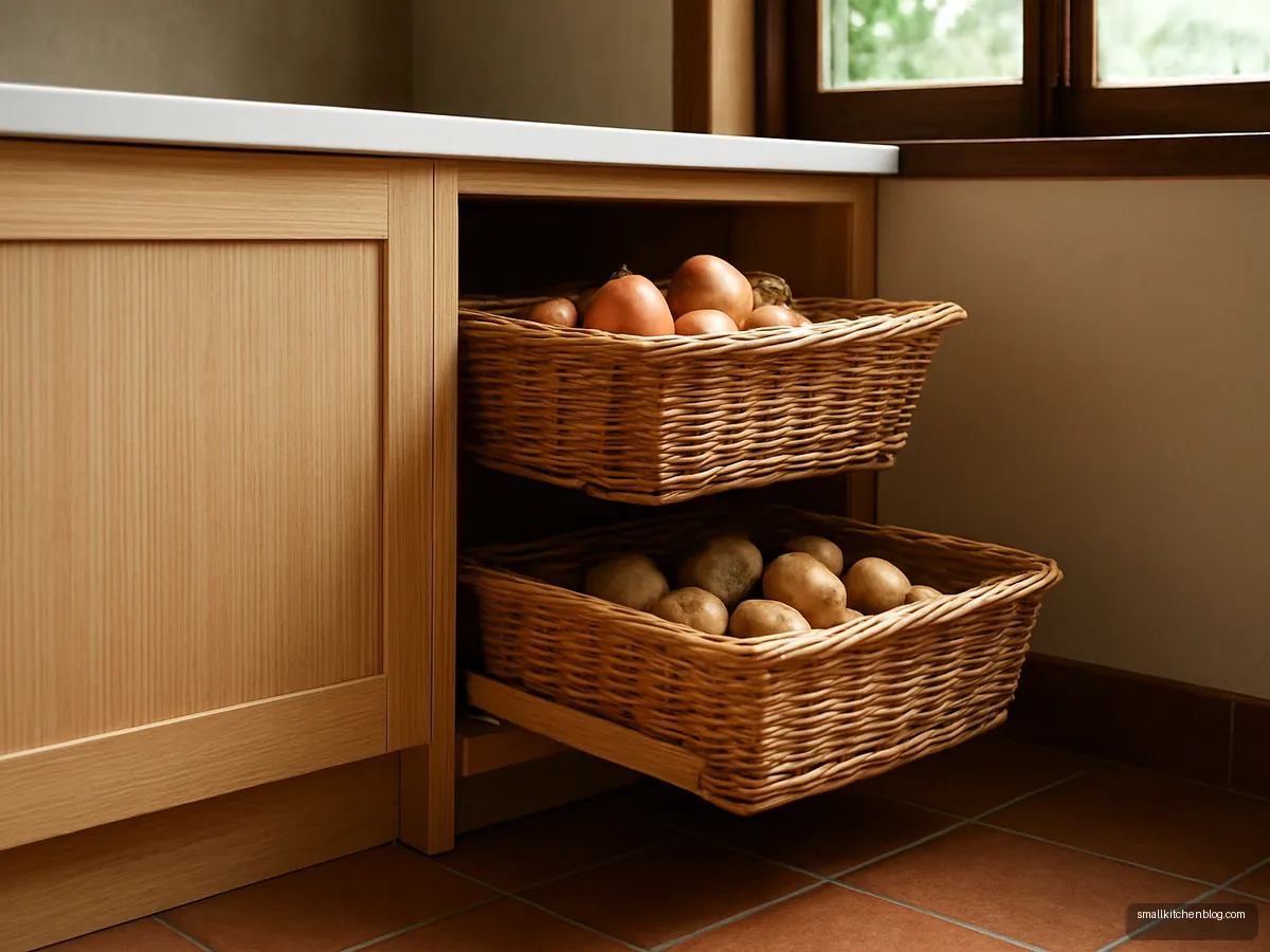 Open base cabinet with pull-out wicker baskets