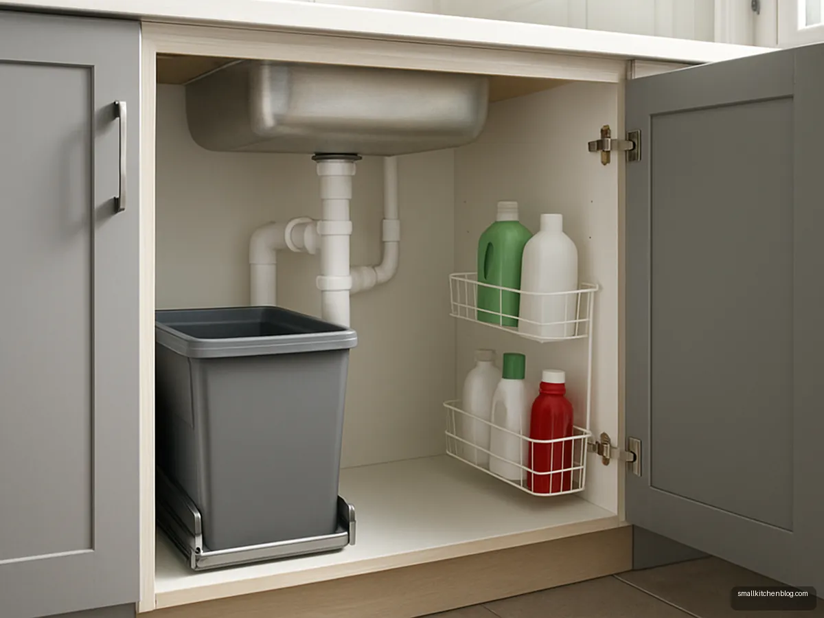 Open under-sink cabinet with bin and detergent rack