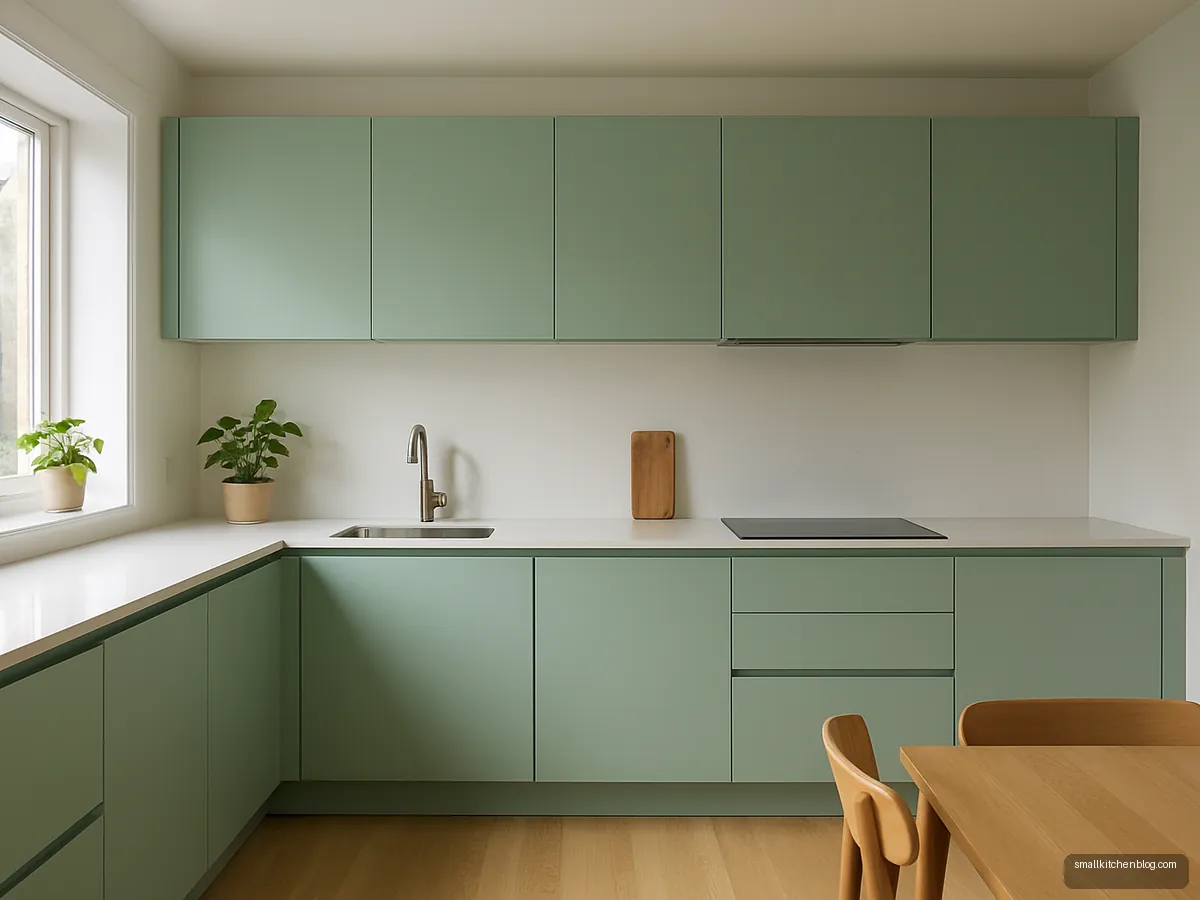 Mint green PU finish kitchen cabinets