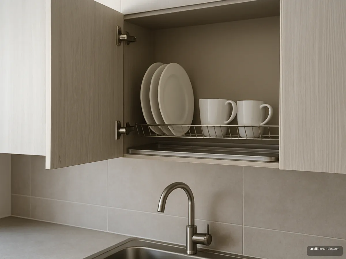 Dish drainer inside wall cabinet above sink