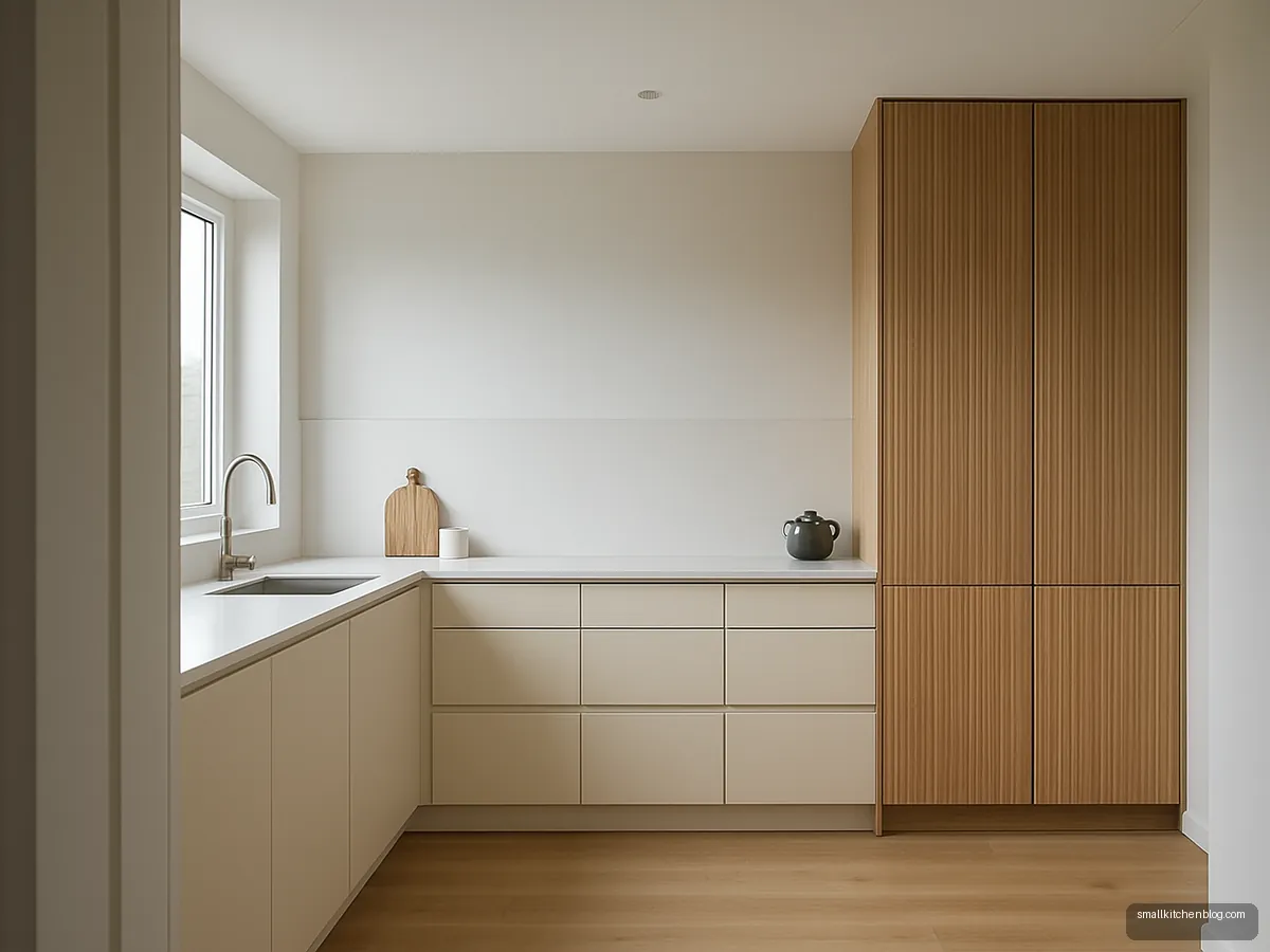 Cream kitchen with fluted oak-look tall cabinets