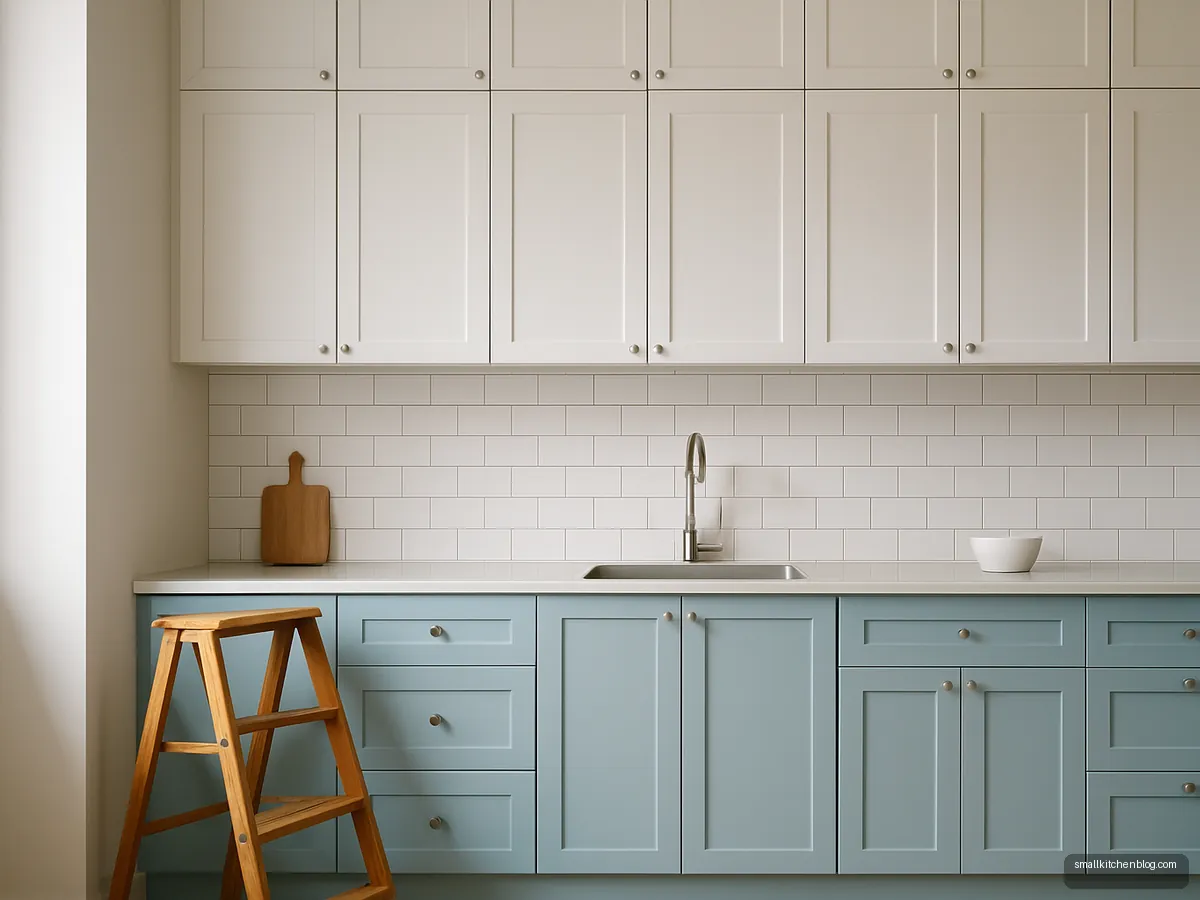 Light blue and white kitchen with loft cabinets above