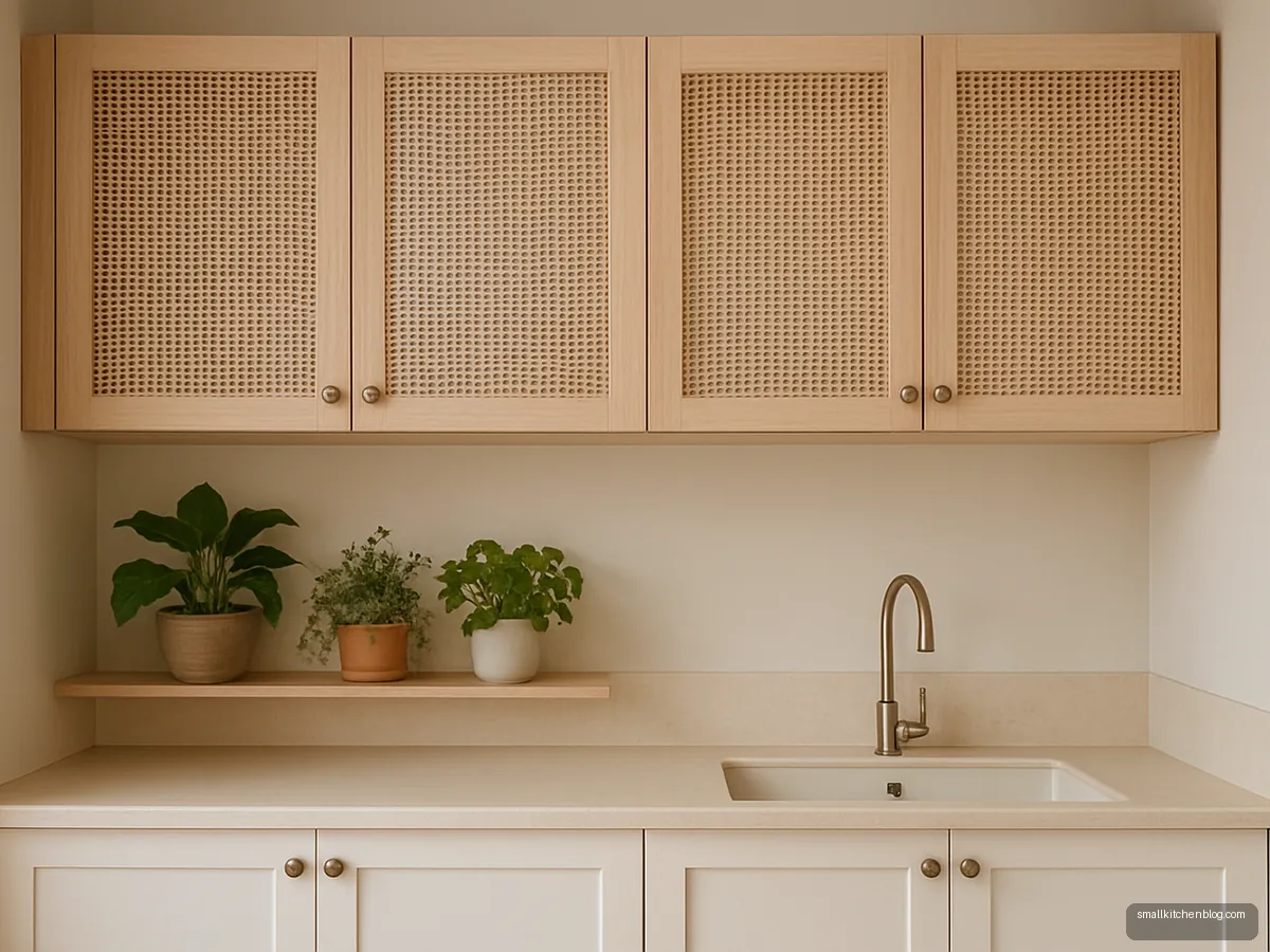 Ash wood cabinet doors with cane mesh inserts