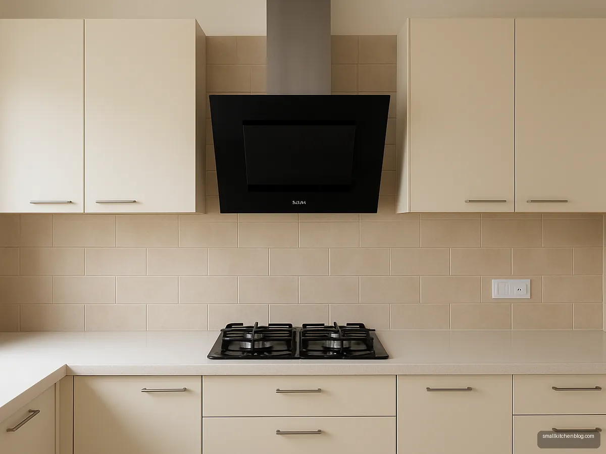 Black glass angled chimney above a four-burner glass hob