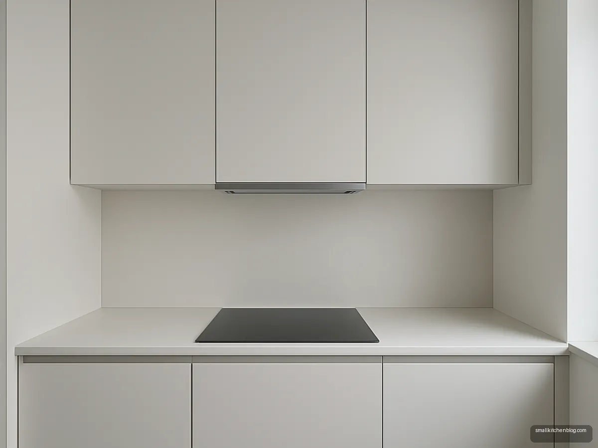 Built-in chimney hidden in a pale grey wall cabinet
