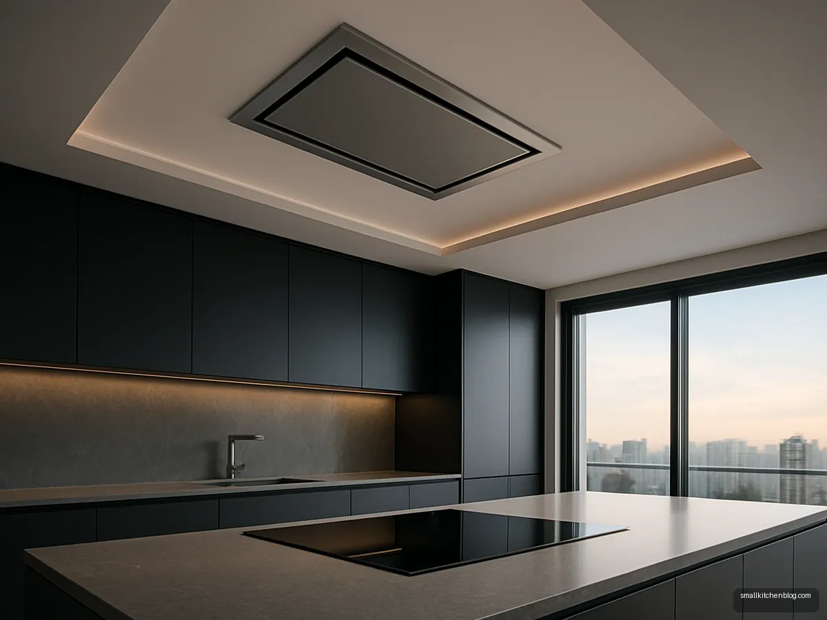 Flush ceiling cassette chimney above a kitchen island