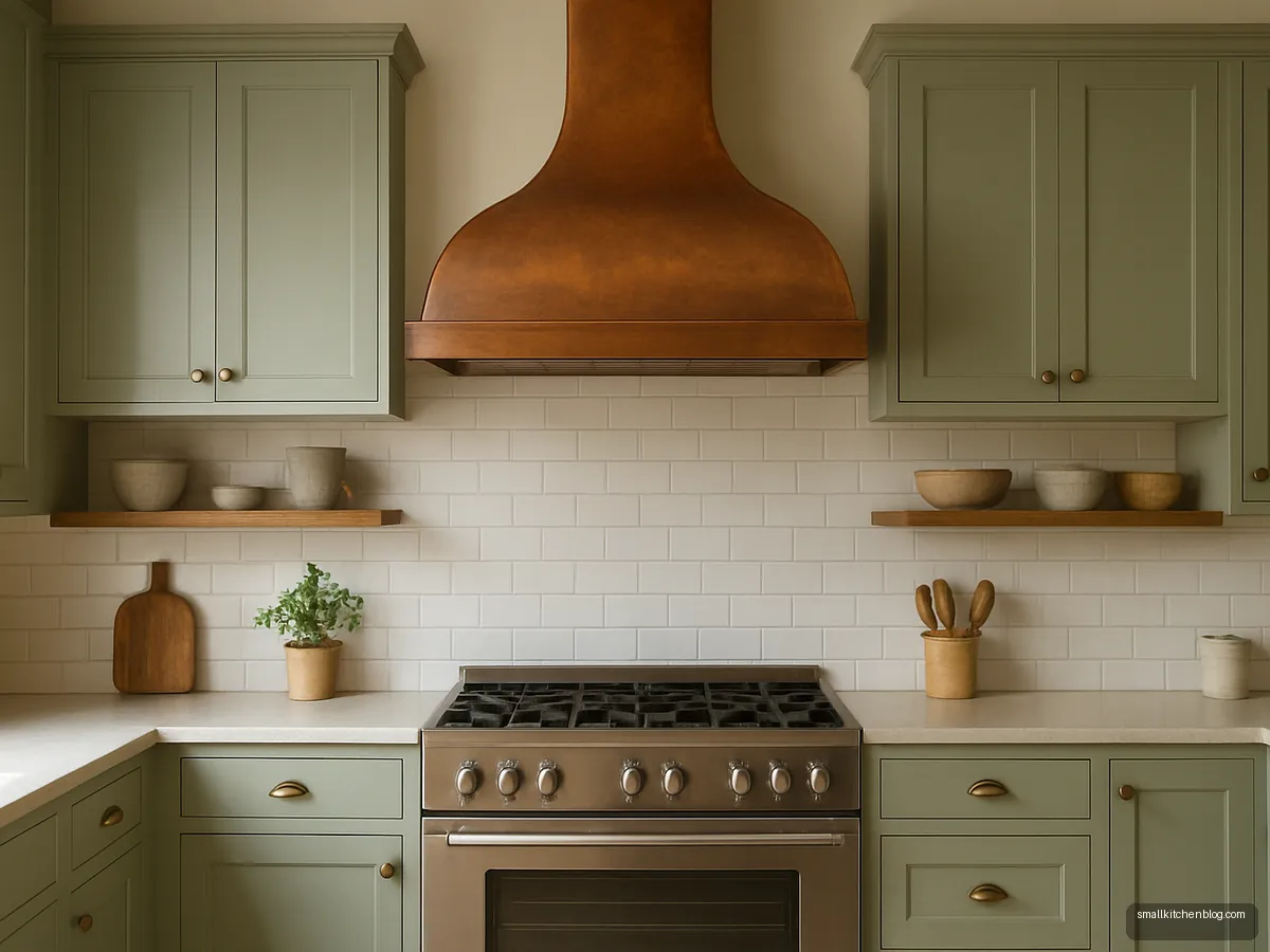 Copper-finish chimney hood over a range cooker with green cabinets
