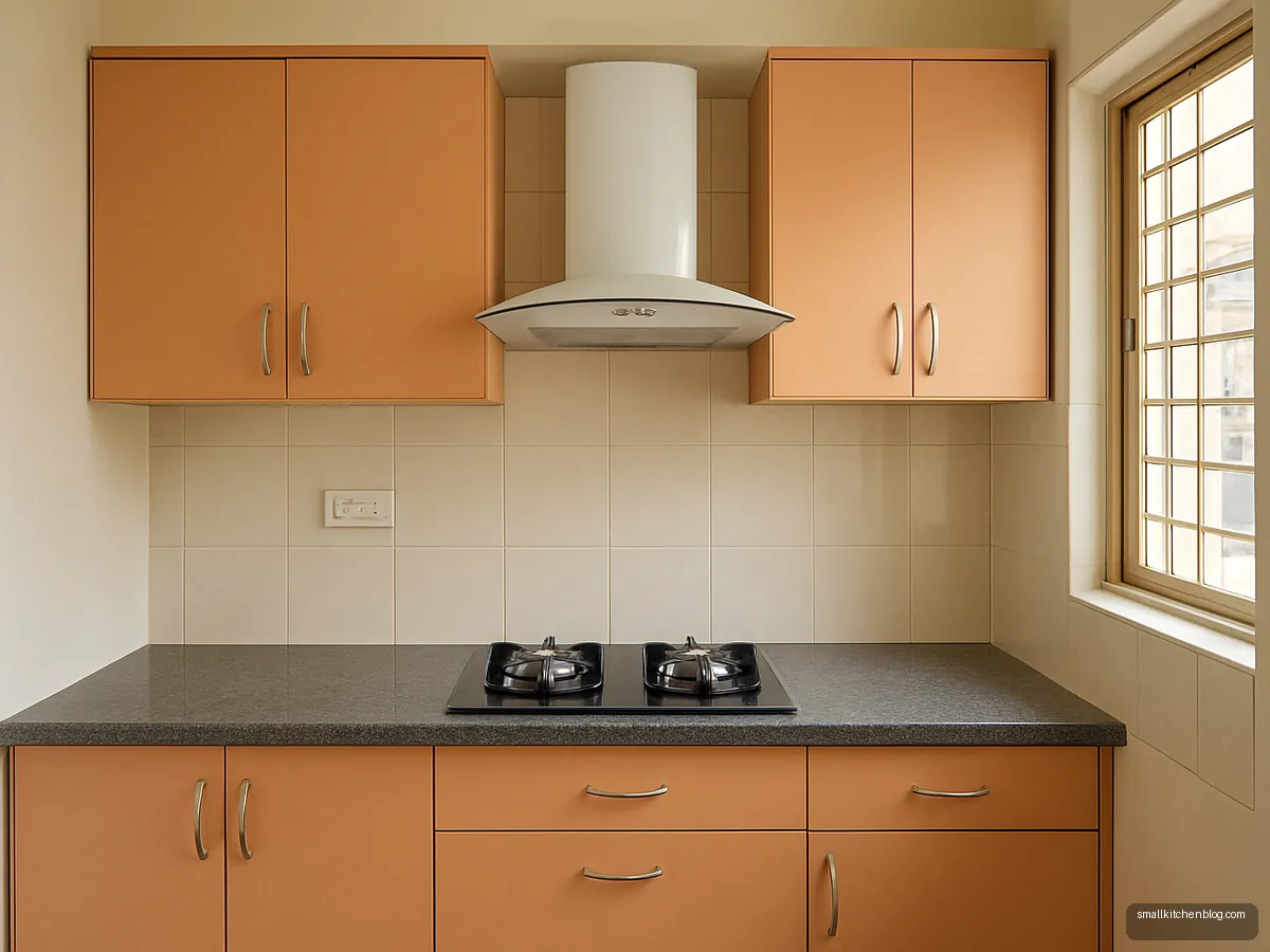 Slim white chimney above a two-burner hob in a small peach kitchen