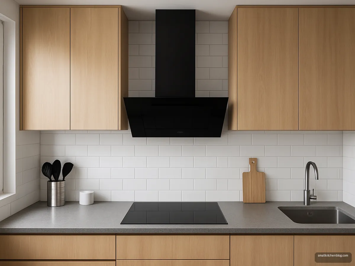 Vertical flat black chimney above an induction hob with oak cabinets