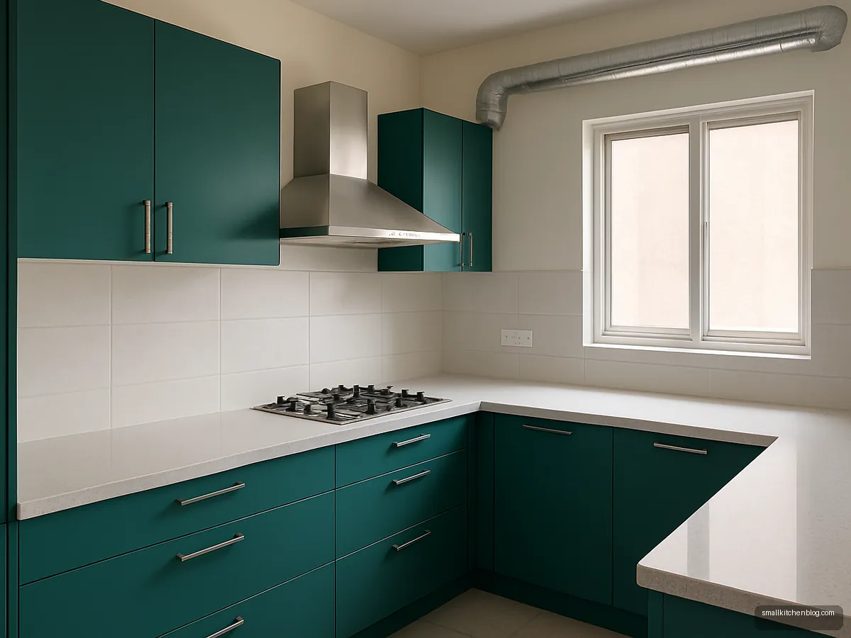 Steel chimney near the corner of a teal L-shaped kitchen