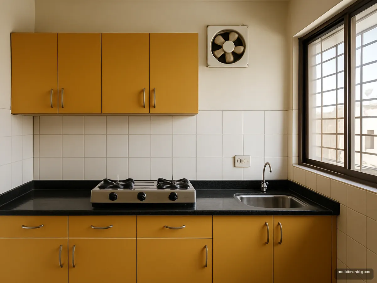 Kitchen with only an exhaust fan above a gas stove and no chimney