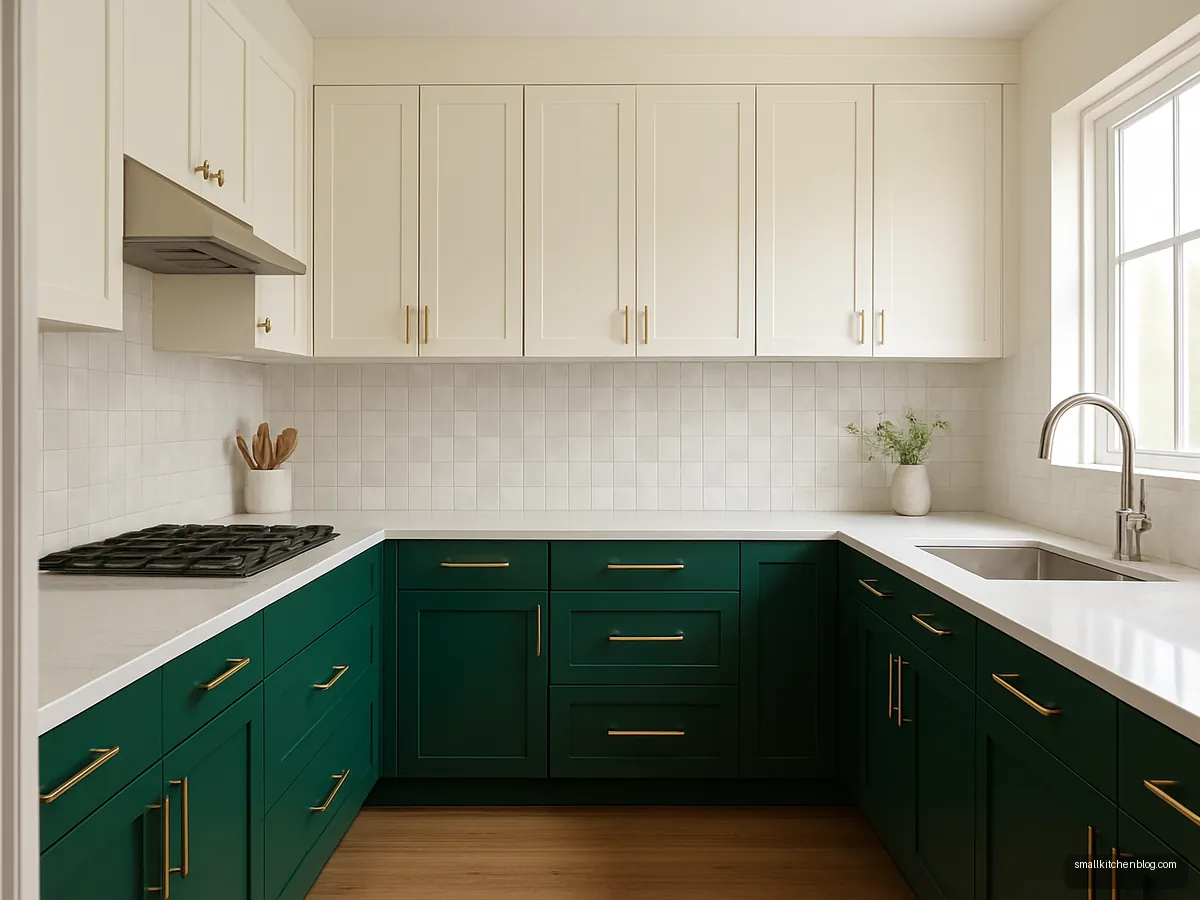 Emerald green lower and ivory upper kitchen cabinets with brass handles